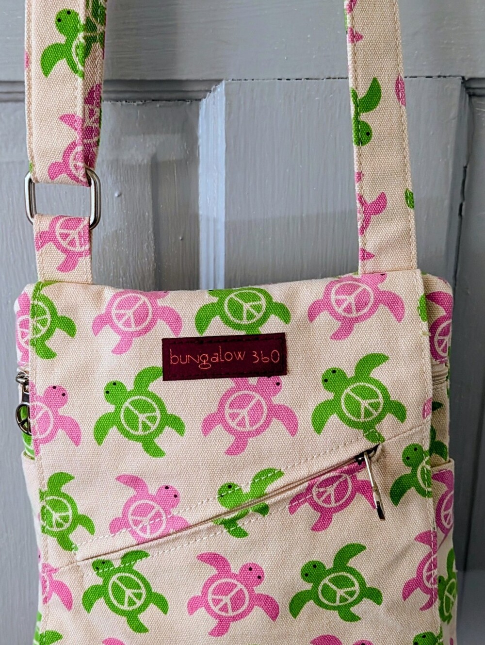 bungalow 360 Pink and Green Turtle Canvas Crossbody Bag